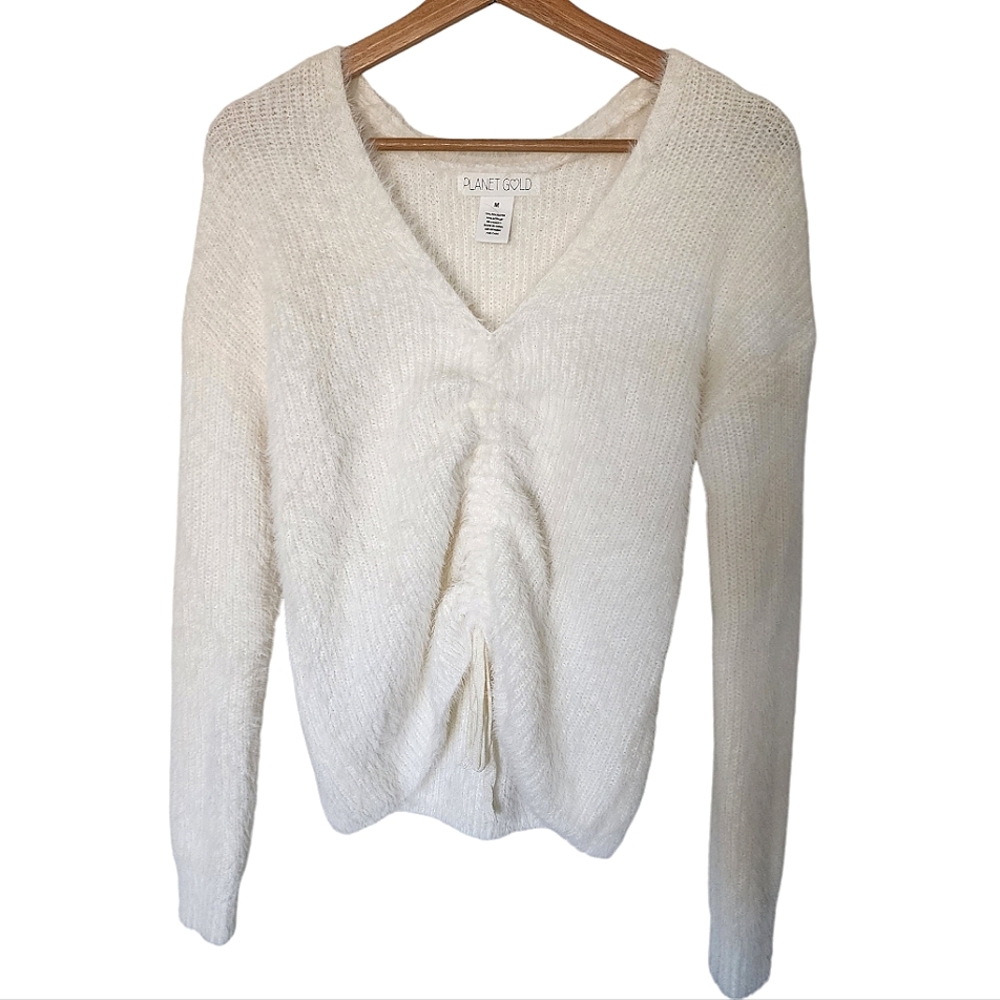 Planet Gold Cream V-neck Eyelash Knit Drawstring Ruched Sweater Juniors Size M